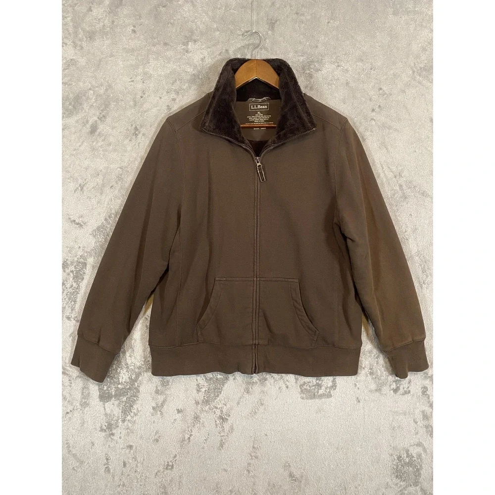 L.L. Bean Jacket‎ Mens XL Brown Fleece Lined Full Zip Mock Neck Classic *READ*